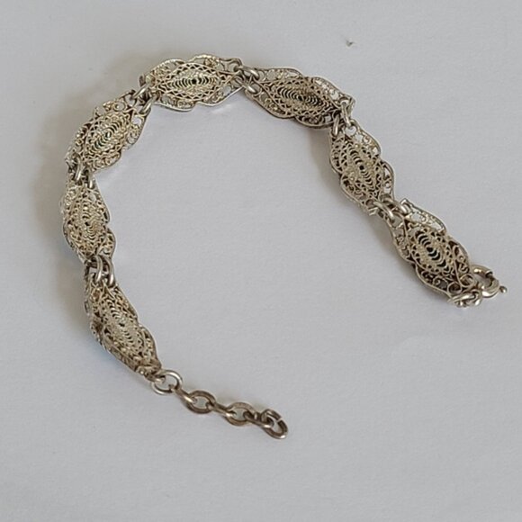 Vintage Antique Boho Sterling Silver Turquoise Cabochon Filigree Chain Bracelet - Picture 11 of 12